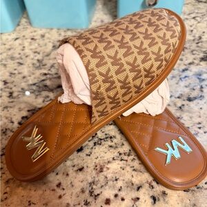 Michael Kors Tan Monogram Slide Sandals